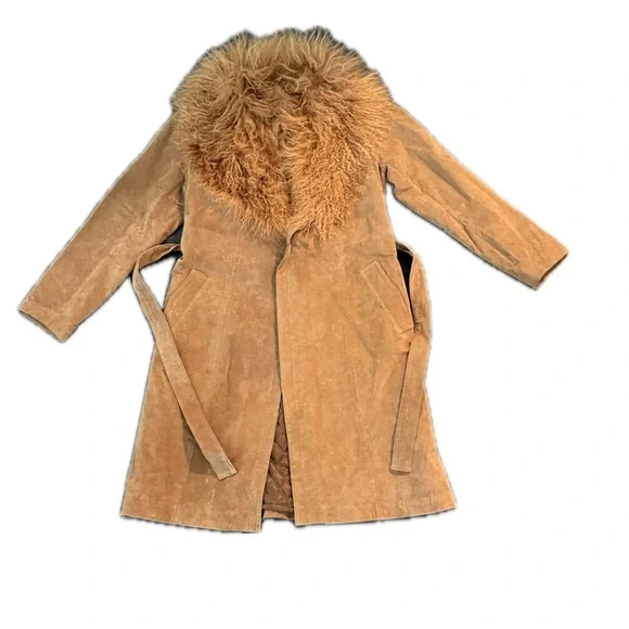 Tan Suede Coat with Mongolian Fur Collar - Picture 1 of 9